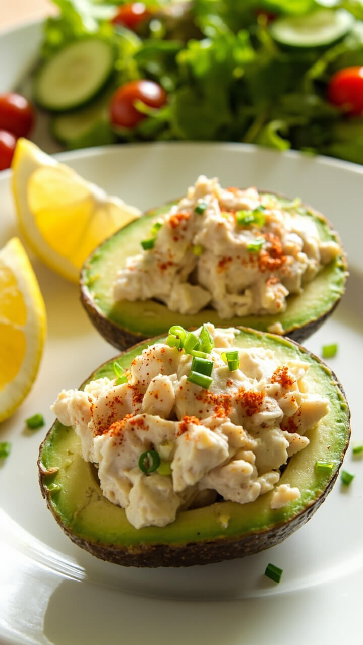Two avocado halves filled to the brim with creamy imitation crab salad, sprinkled with paprika and chopped chives, presented on a white plate with lemon wedges and a green salad in the background.
