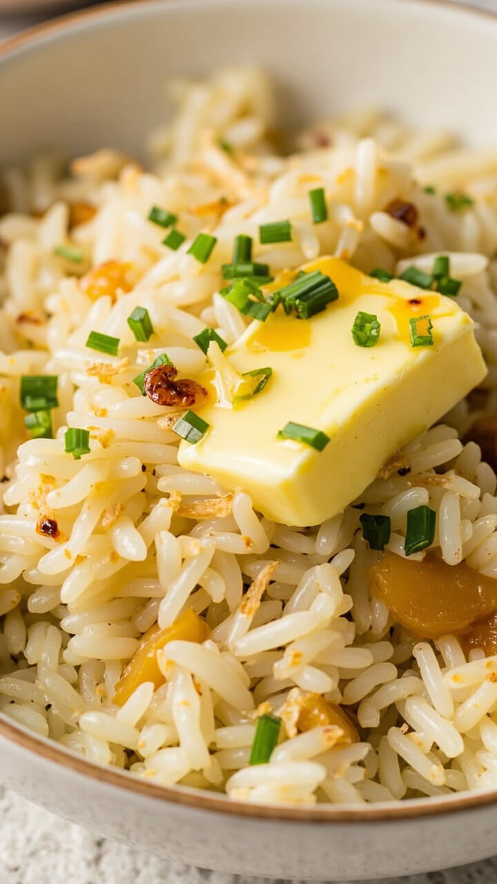 A creamy white bowl overflows with snowy white rice, dotted with golden browned parsnip pieces and flecks of cooked garlic. Melted butter pools on top, garnished with chives.