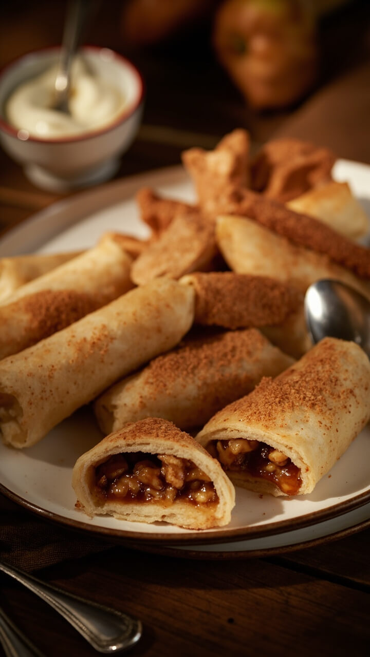 A plate of golden-brown rice paper rolls, dusted with cinnamon sugar, sits beside a bowl of vanilla yogurt. One roll is split to show tender apple filling, with bits of walnut peeking through.