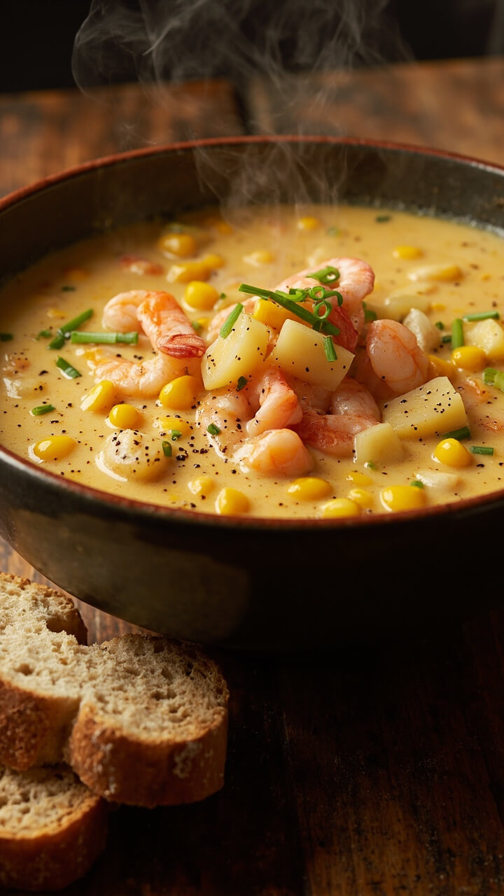 A bowl filled with creamy pale-yellow chowder dotted with pink shrimp, golden corn kernels, and diced potatoes. Topped with a sprinkle of fresh green chives and cracked black pepper, with a rustic bread slice on the side.