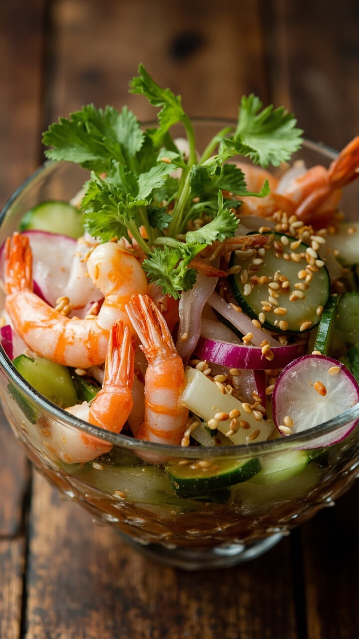 A shallow glass bowl is filled with shrimp, sliced cucumber, radish rounds, and thin red onion, all lightly tossed in a sesame-soy vinaigrette. The salad is sprinkled with sesame seeds and topped with fresh cilantro leaves. The colors are cool and bright.
