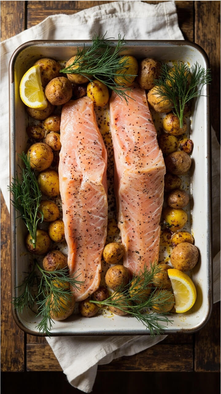 A sheet tray with two pink trout fillets surrounded by golden roasted baby potatoes and lemon wedges, sprinkled with fresh dill and ground pepper, set on a linen napkin-covered table. A sheet tray with two pink trout fillets surrounded by golden roasted baby potatoes and lemon wedges, sprinkled with fresh dill and ground pepper, set on a linen napkin-covered table.
