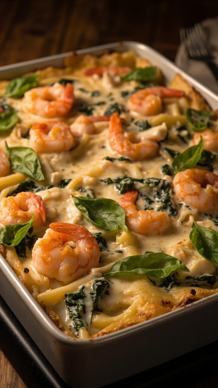 A square casserole dish showing visible layers of pasta, pale creamy sauce, spinach, and pink shrimp and white fish, cut into generous squares with a crispy golden top and basil leaves scattered over. A square casserole dish showing visible layers of pasta, pale creamy sauce, spinach, and pink shrimp and white fish, cut into generous squares with a crispy golden top and basil leaves scattered over.