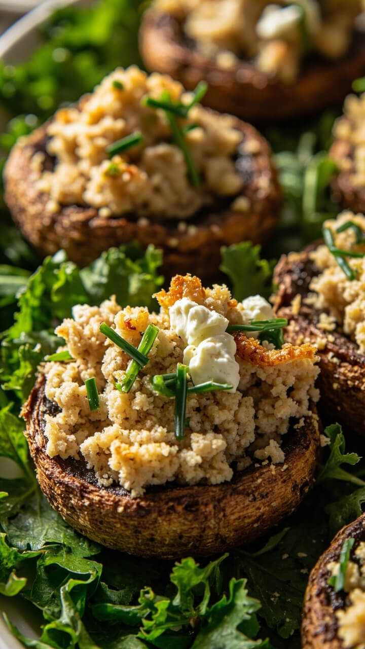 A platter of large baked mushroom caps stuffed with a golden-topped mixture of tuna, feta, breadcrumbs, and herbs. The mushrooms have crisp edges and sit atop a bed of fresh parsley. A platter of large baked mushroom caps stuffed with a golden-topped mixture of tuna, feta, breadcrumbs, and herbs. The mushrooms have crisp edges and sit atop a bed of fresh parsley.