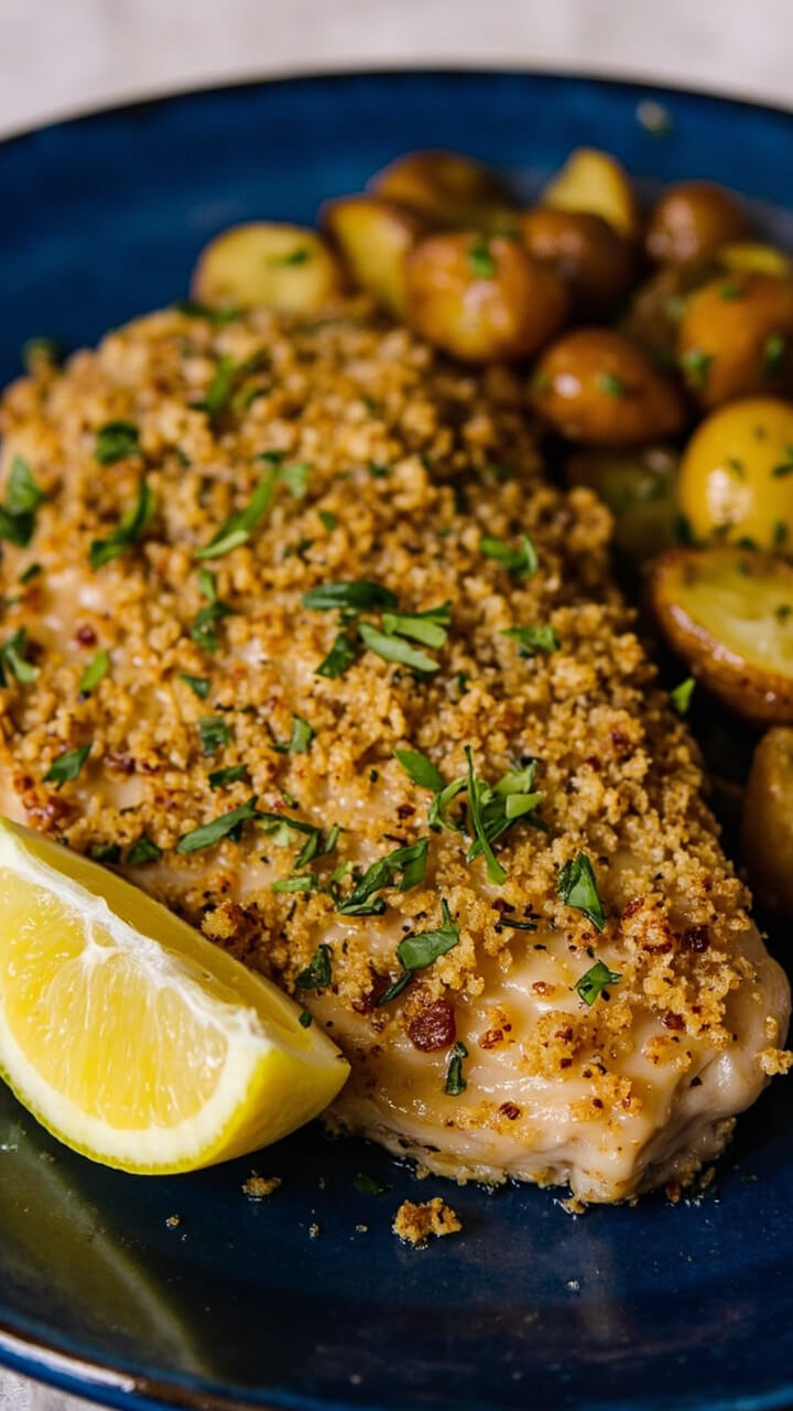 A fillet topped with golden crisp breadcrumbs and flecks of green herbs, sitting on a blue ceramic plate alongside roasted herb potatoes and a wedge of lemon. A fillet topped with golden crisp breadcrumbs and flecks of green herbs, sitting on a blue ceramic plate alongside roasted herb potatoes and a wedge of lemon.