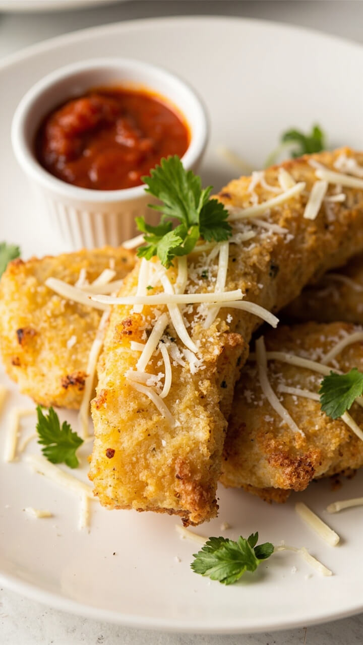Wedges of breaded fish with golden, cheesy crust, arranged on a round white plate. A sprinkle of grated Parmesan on top, parsley garnish, and a side of marinara sauce for dipping. Wedges of breaded fish with golden, cheesy crust, arranged on a round white plate. A sprinkle of grated Parmesan on top, parsley garnish, and a side of marinara sauce for dipping.