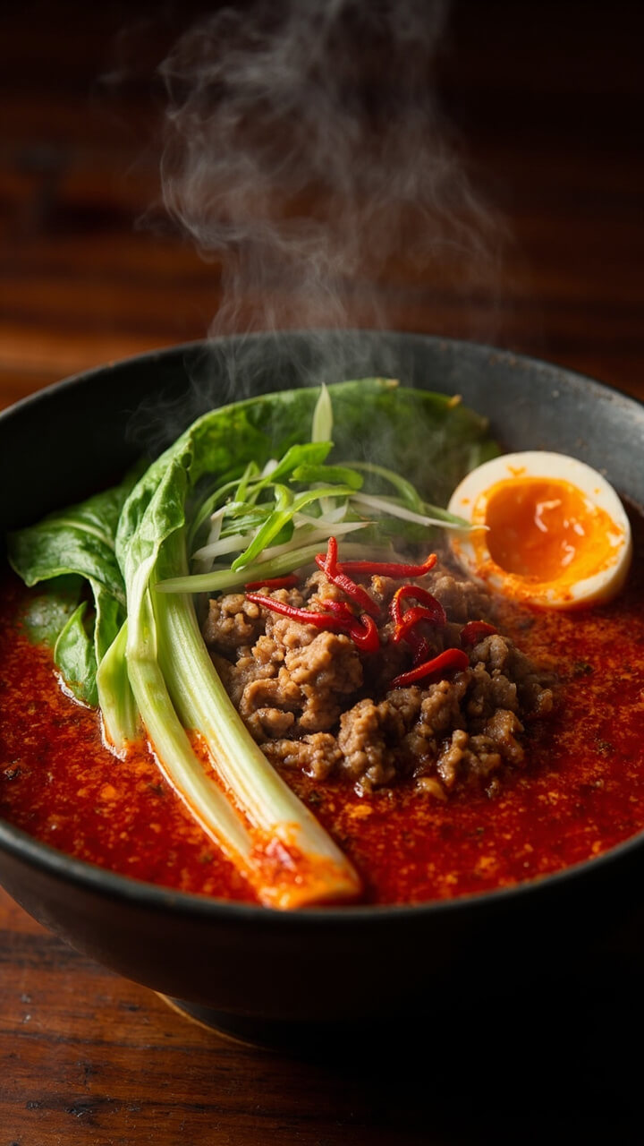 A deep red broth noodles bowl, topped with a mound of spicy ground pork, flecks of chili oil floating, a handful of steamed bok choy, sliced green onions, and a soft boiled egg half on the side.