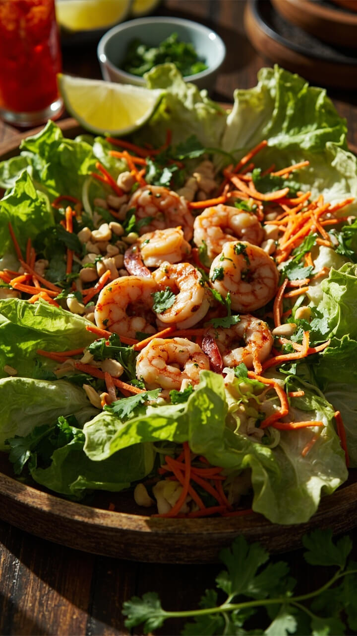 Bright green lettuce leaves (Boston or Bibb) piled high with glazed shrimp, shredded carrots, chopped peanuts, and cilantro. A squeeze bottle of sweet chili sauce and a dish of lime wedges sit nearby on a wooden tray.