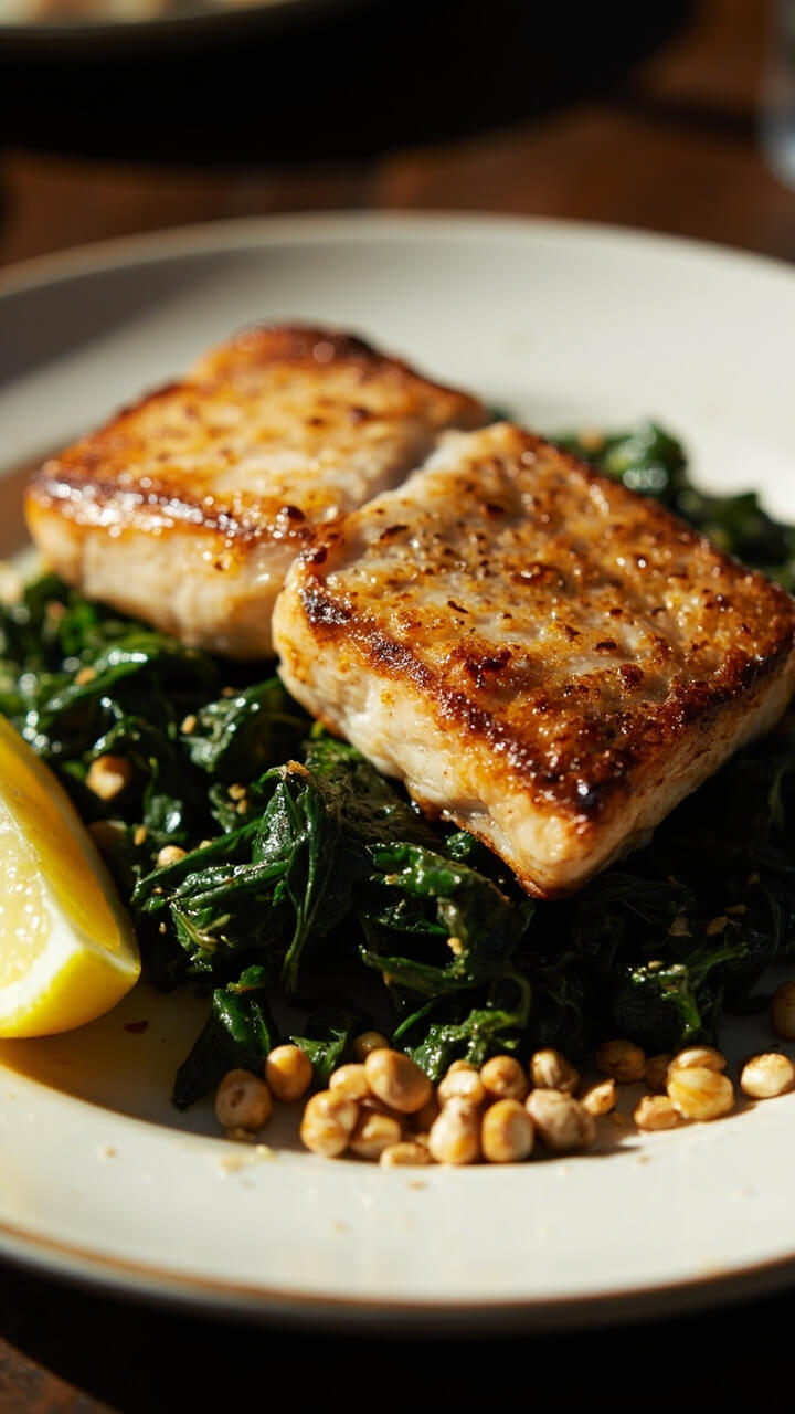 A dinner plate with a crispy-skinned trout fillet perched atop dark, glossy wilted greens flecked with garlic. A lemon wedge sits nearby and toasted pepitas are sprinkled around the edge. A dinner plate with a crispy-skinned trout fillet perched atop dark, glossy wilted greens flecked with garlic. A lemon wedge sits nearby and toasted pepitas are sprinkled around the edge.