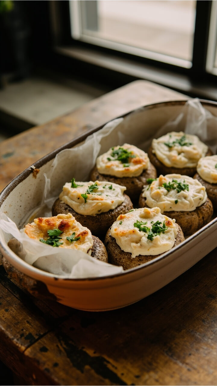 A ceramic baking dish of large mushroom caps stuffed with a creamy langostino mixture, golden brown on top, sprinkled with parsley, on a rustic wooden table.