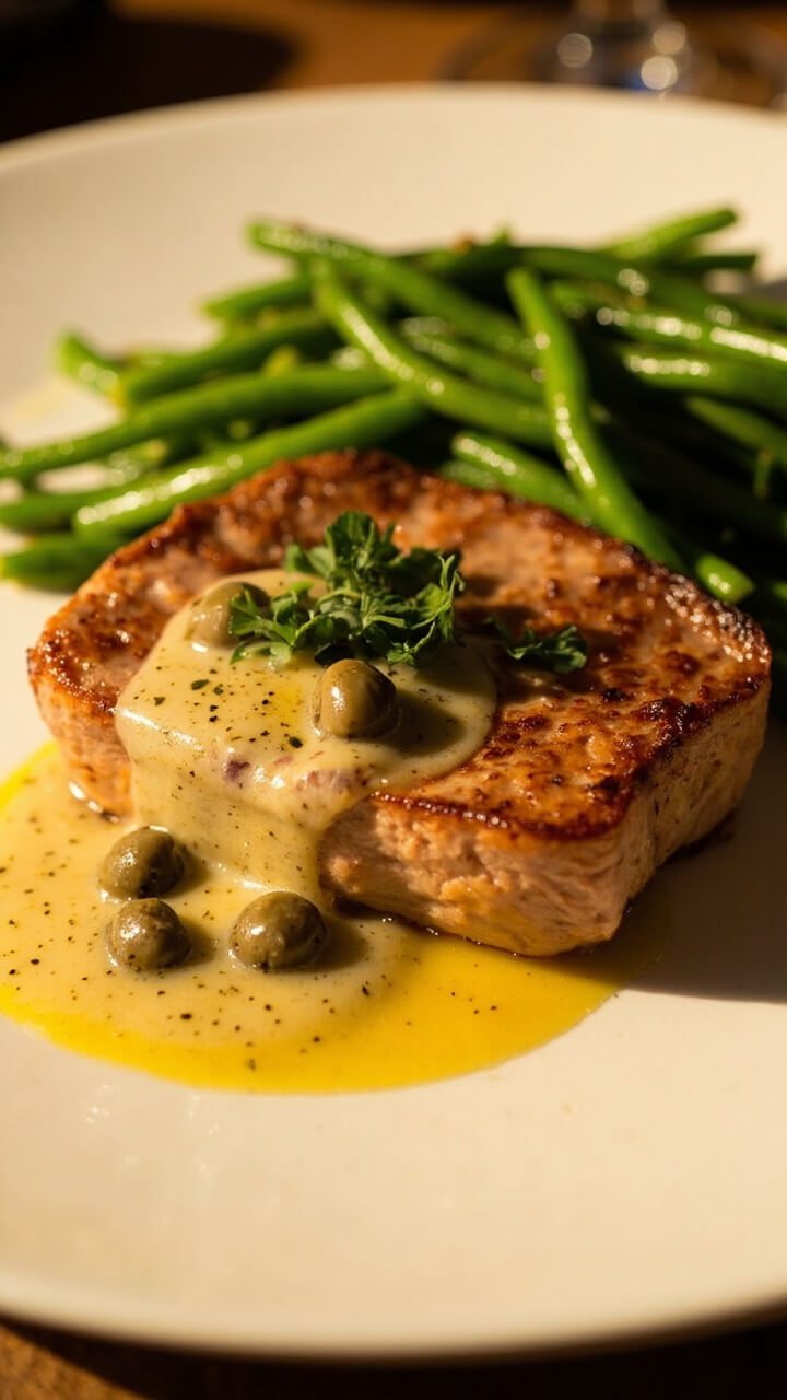 A thick, golden-seared tuna steak with spooned lemon-caper butter sauce pooling over the top. Garnished with parsley and served beside sautéed green beans.
