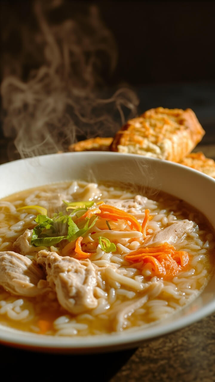 A white soup bowl filled with clear broth, tender rice, shredded chicken, and thin rounds of carrot. Thinly sliced scallions and a few ginger matchsticks float on top. Steam rises, with a chunky loaf on the side.