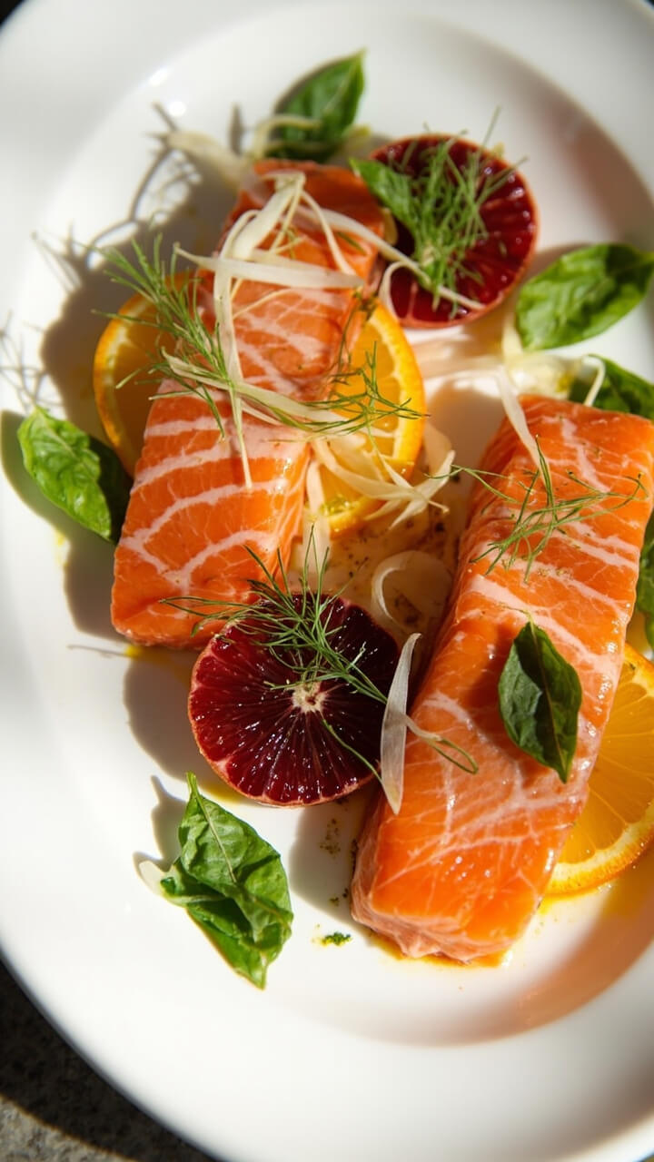 Salmon fillets on a white platter overlapped with slices of orange and blood orange, thin fennel shards, and fresh basil leaves scattered. Some fennel fronds as garnish. Salmon fillets on a white platter overlapped with slices of orange and blood orange, thin fennel shards, and fresh basil leaves scattered. Some fennel fronds as garnish.