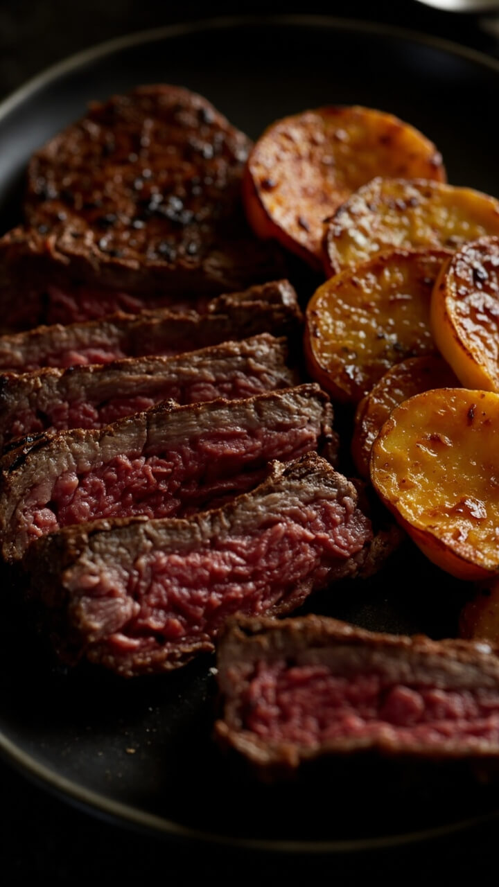 A seared New York strip steak with a deep coffee-brown crust, sliced and arranged on a dark plate, served with roasted sweet potato rounds. A seared New York strip steak with a deep coffee-brown crust, sliced and arranged on a dark plate, served with roasted sweet potato rounds.