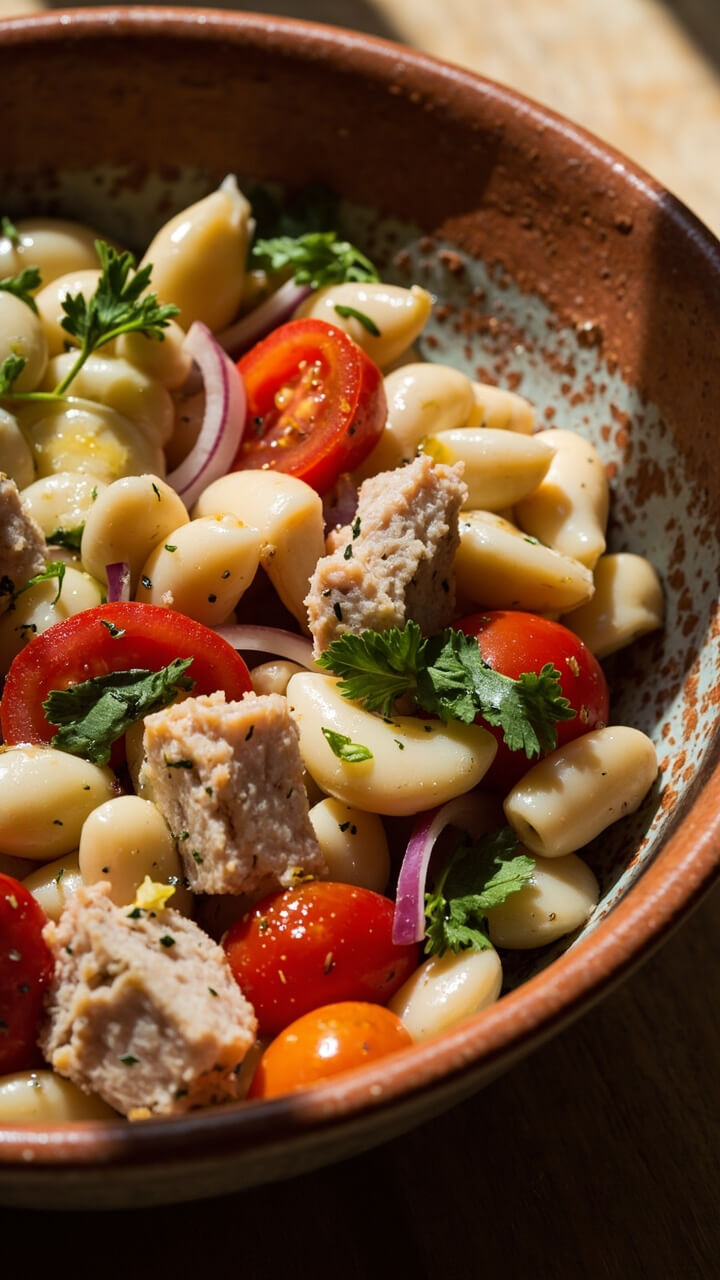 A rustic ceramic bowl brimming with white beans, chunks of tuna, cherry tomato halves, sliced red onion, and chopped parsley, lightly tossed with olive oil and lemon.