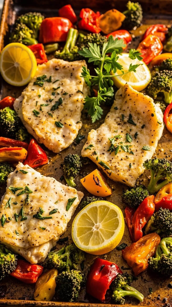 A sheet pan loaded with colorful bell peppers, broccoli florets, and cod fillets, all lightly browned. Lemon wedges and parsley finish the look. A sheet pan loaded with colorful bell peppers, broccoli florets, and cod fillets, all lightly browned. Lemon wedges and parsley finish the look.