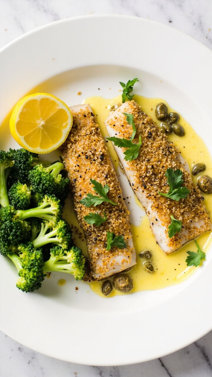 Two fillets of golden panko-crusted sole on a round white plate, bright caper-lemon sauce drizzled on top, parsley garnish. Steamed broccoli and a lemon wedge on the side. Two fillets of golden panko-crusted sole on a round white plate, bright caper-lemon sauce drizzled on top, parsley garnish. Steamed broccoli and a lemon wedge on the side.