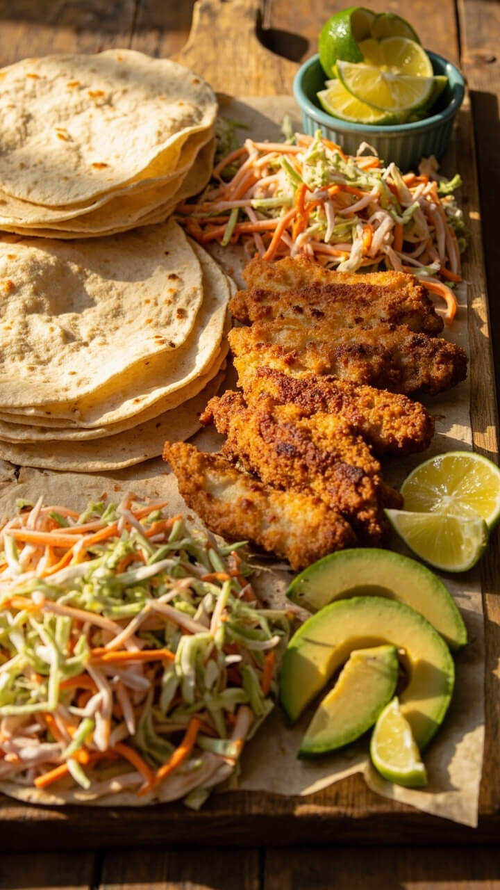 A wood board with warm tortillas, crispy baked cod pieces, slaw, avocado slices, and lime wedges all arranged for assembling easy tacos. A wood board with warm tortillas, crispy baked cod pieces, slaw, avocado slices, and lime wedges all arranged for assembling easy tacos.