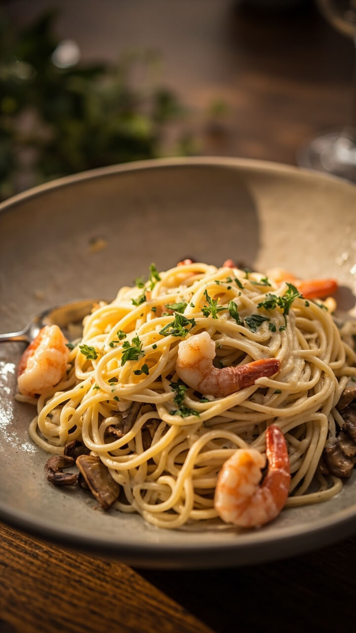 A wide, shallow bowl filled with creamy mushroom-studded spaghetti, shrimp nestled in between, sauce clinging to every noodle. Finely chopped fresh herbs and sliced mushrooms garnish the top, with a silver spoon resting nearby. A wide, shallow bowl filled with creamy mushroom-studded spaghetti, shrimp nestled in between, sauce clinging to every noodle. Finely chopped fresh herbs and sliced mushrooms garnish the top, with a silver spoon resting nearby.