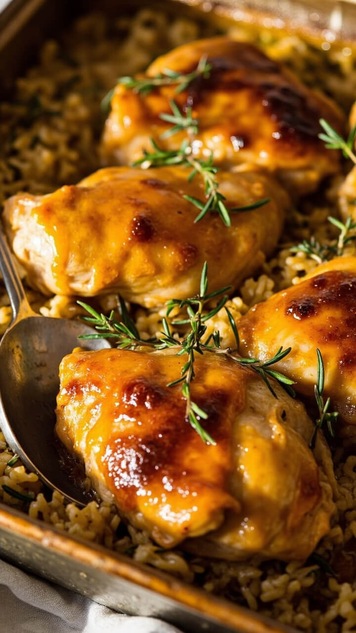 A baking dish with juicy chicken thighs and golden rice, glazed with a shiny honey mustard sauce, garnished with fresh thyme. A serving spoon rests in one corner.