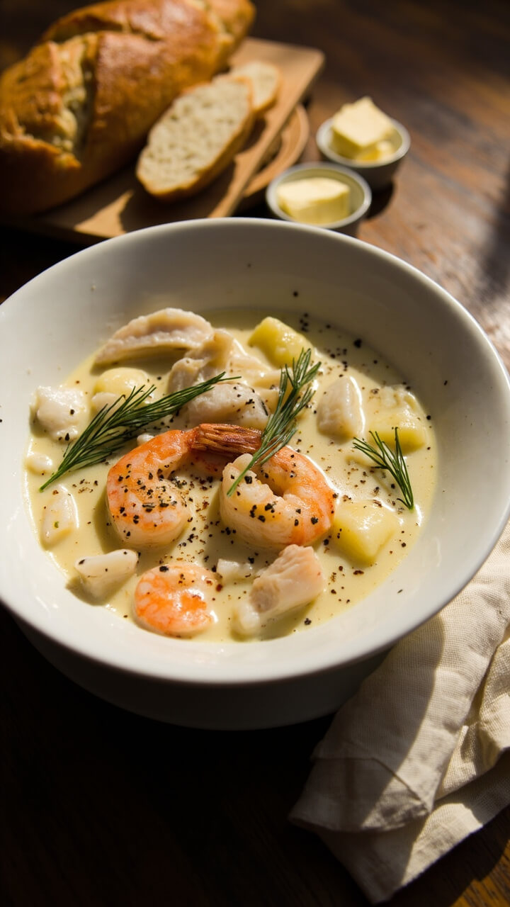 A white ceramic bowl filled with creamy chowder brimming with shrimp, chunks of white fish, and diced potatoes. Sprigs of fresh dill and cracked pepper float on top. Warm crusty bread sits on a wooden board nearby, and a cream linen napkin is tucked beside the bowl. A white ceramic bowl filled with creamy chowder brimming with shrimp, chunks of white fish, and diced potatoes. Sprigs of fresh dill and cracked pepper float on top. Warm crusty bread sits on a wooden board nearby, and a cream linen napkin is tucked beside the bowl.