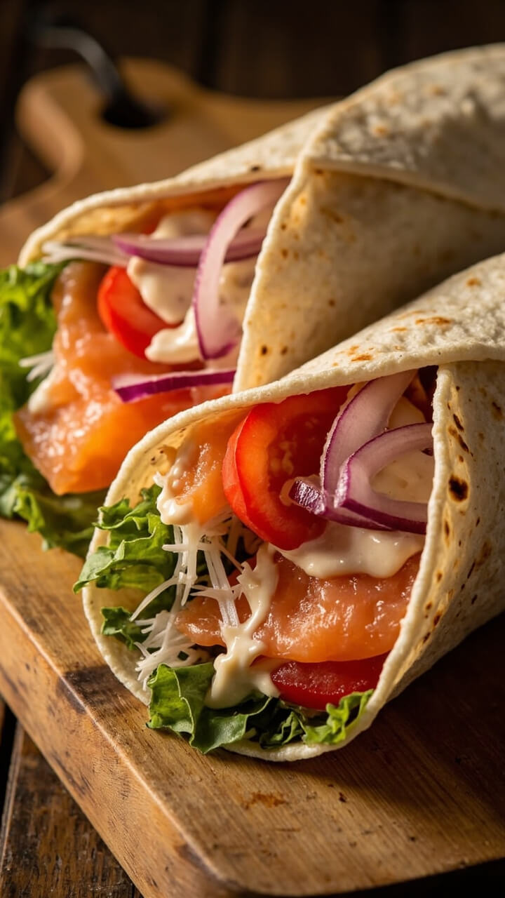 Large tortilla wraps filled with smoked salmon, sliced tomato, shredded lettuce, creamy dressing, and a few slices of red onion, cut in half and arranged on a wooden board.