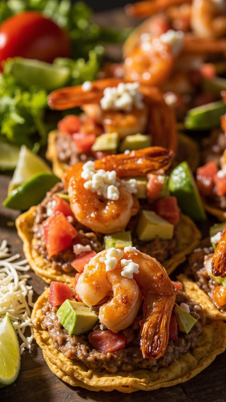 Round crispy corn tostada shells spread with refried beans, stacked with plump golden-brown shrimp, diced tomatoes, avocado slices, and a shower of cotija cheese. Lime wedges and shredded lettuce are nearby for topping.