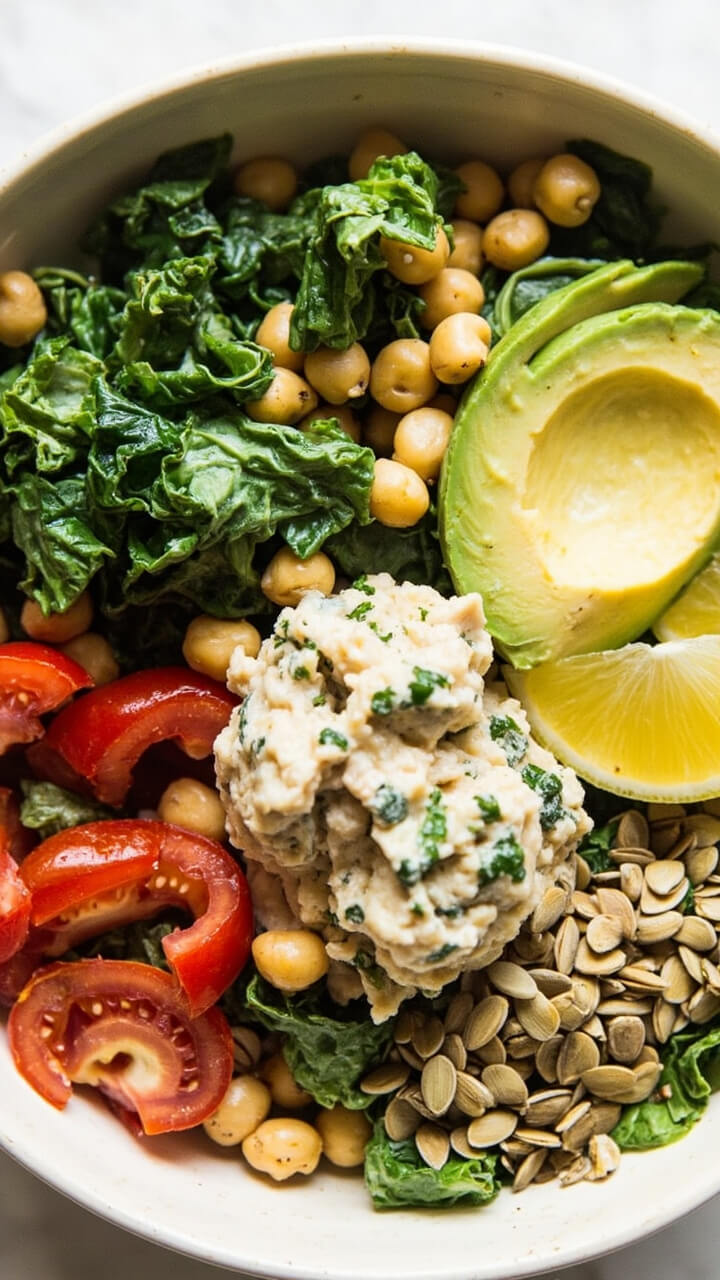 Shallow ceramic bowls layered with massaged kale, heaps of chickpeas, cherry tomato halves, sliced avocado, and a scoop of herby tuna salad. A lemon wedge and sunflower seeds finish the look. Shallow ceramic bowls layered with massaged kale, heaps of chickpeas, cherry tomato halves, sliced avocado, and a scoop of herby tuna salad. A lemon wedge and sunflower seeds finish the look.