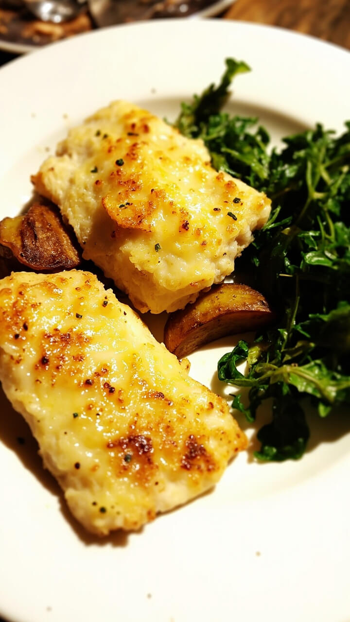 A white plate with golden-brown Parmesan-topped cod fillets, the cheese melted into a crispy layer. The fillets rest beside roasted potato wedges and a simple arugula salad with lemon vinaigrette. A white plate with golden-brown Parmesan-topped cod fillets, the cheese melted into a crispy layer. The fillets rest beside roasted potato wedges and a simple arugula salad with lemon vinaigrette.