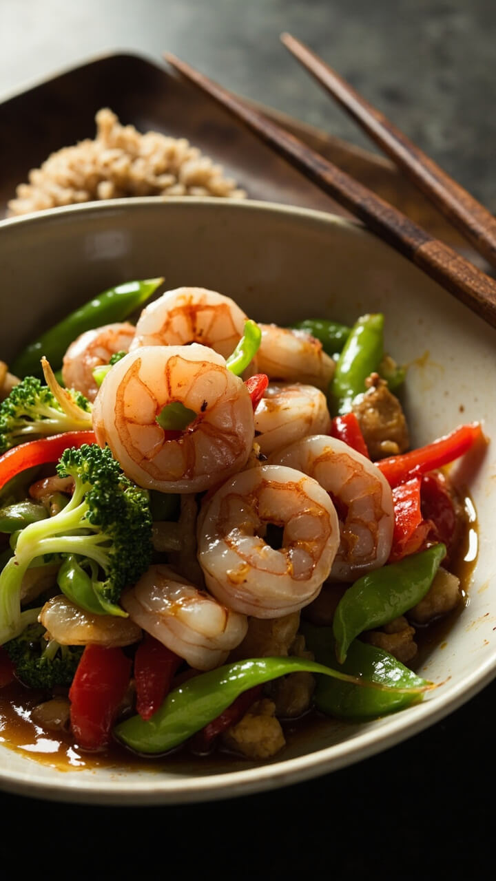 A shallow bowl filled with a colorful mix of shrimp, snap peas, red bell pepper strips, and broccoli florets, coated in a light soy-ginger sauce. The shrimp are pink and glossy, the vegetables bright and just-tender. Served with a small scoop of brown rice, chopsticks resting on the side.