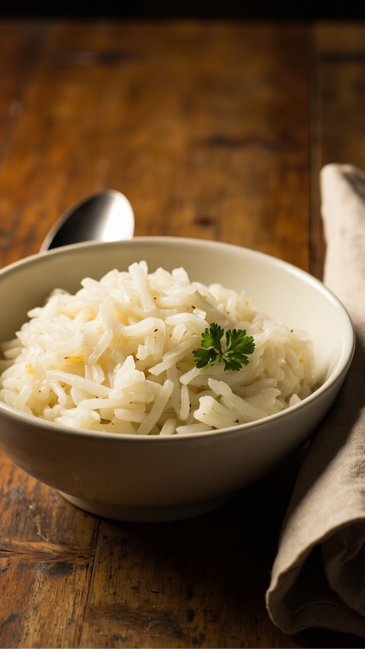 A bowl of fluffy white rice served in a ceramic dish, with each grain distinct, garnished with a small sprig of parsley. The bowl sits on a wooden table with a spoon beside it and a folded linen napkin. A bowl of fluffy white rice served in a ceramic dish, with each grain distinct, garnished with a small sprig of parsley. The bowl sits on a wooden table with a spoon beside it and a folded linen napkin.