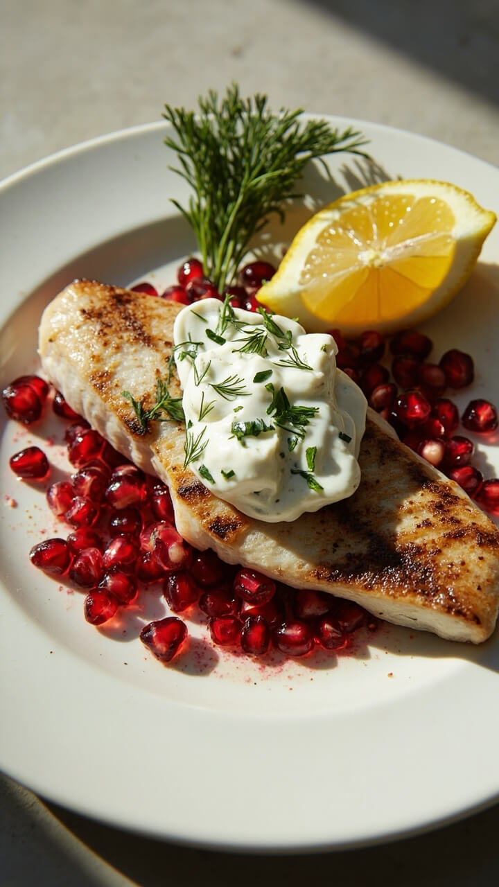 A fillet of char on a simple white plate, topped with a dollop of creamy herbed yogurt and scattered bright pomegranate arils. A wedge of lemon and a few sprigs of dill sit to the side. A fillet of char on a simple white plate, topped with a dollop of creamy herbed yogurt and scattered bright pomegranate arils. A wedge of lemon and a few sprigs of dill sit to the side.