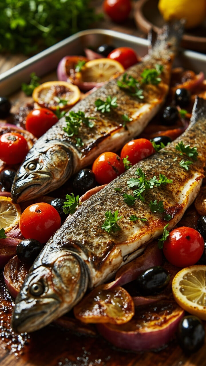 Whole trout fillets on a sheet pan surrounded by colorful cherry tomatoes, red onion slices, olives, and lemon rounds. Everything roasted to golden at the edges, finished with fresh parsley and served on a rustic cutting board. Whole trout fillets on a sheet pan surrounded by colorful cherry tomatoes, red onion slices, olives, and lemon rounds. Everything roasted to golden at the edges, finished with fresh parsley and served on a rustic cutting board.