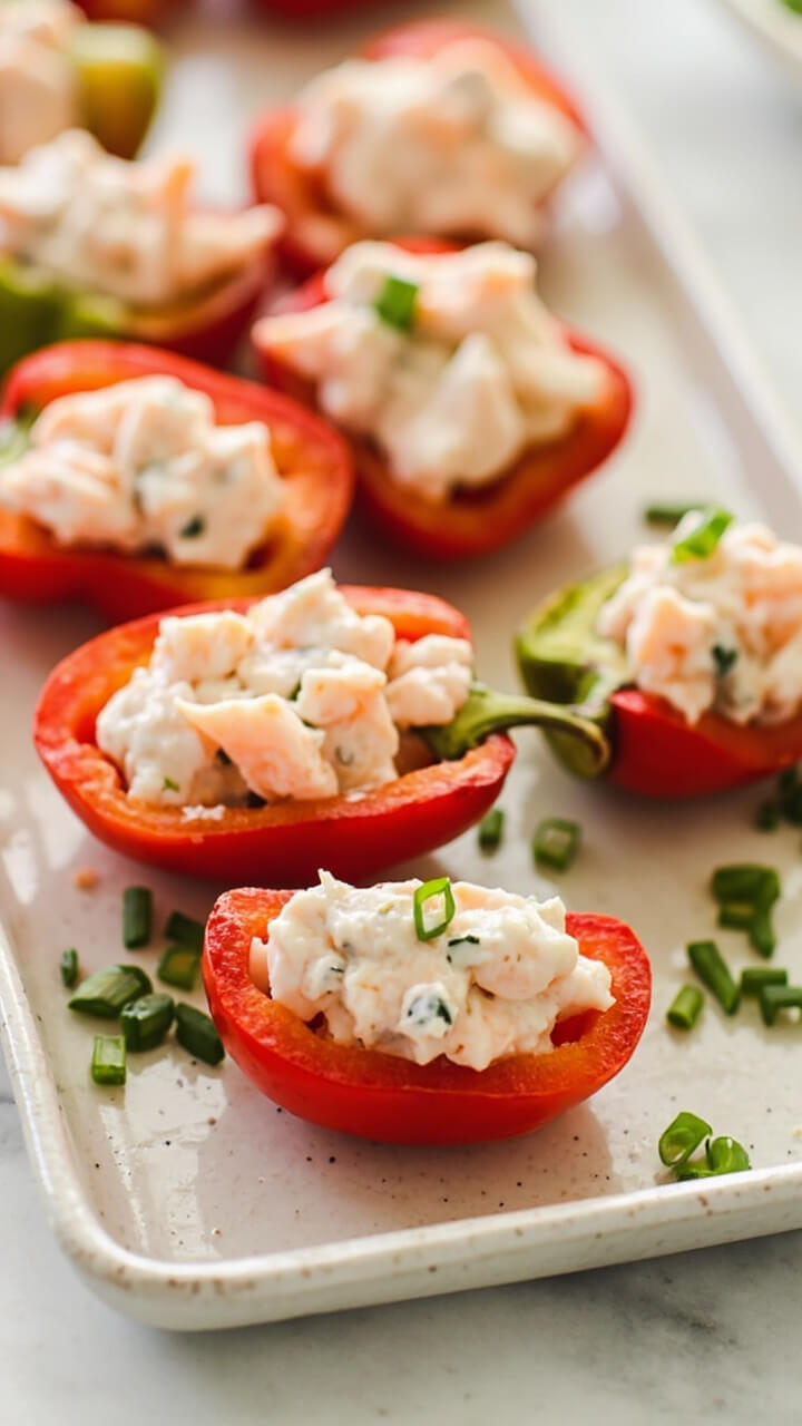 Halved mini bell peppers filled with pale pink creamy shrimp salad, lined up on a rectangular ceramic serving tray, and sprinkled with minced chives. Halved mini bell peppers filled with pale pink creamy shrimp salad, lined up on a rectangular ceramic serving tray, and sprinkled with minced chives.