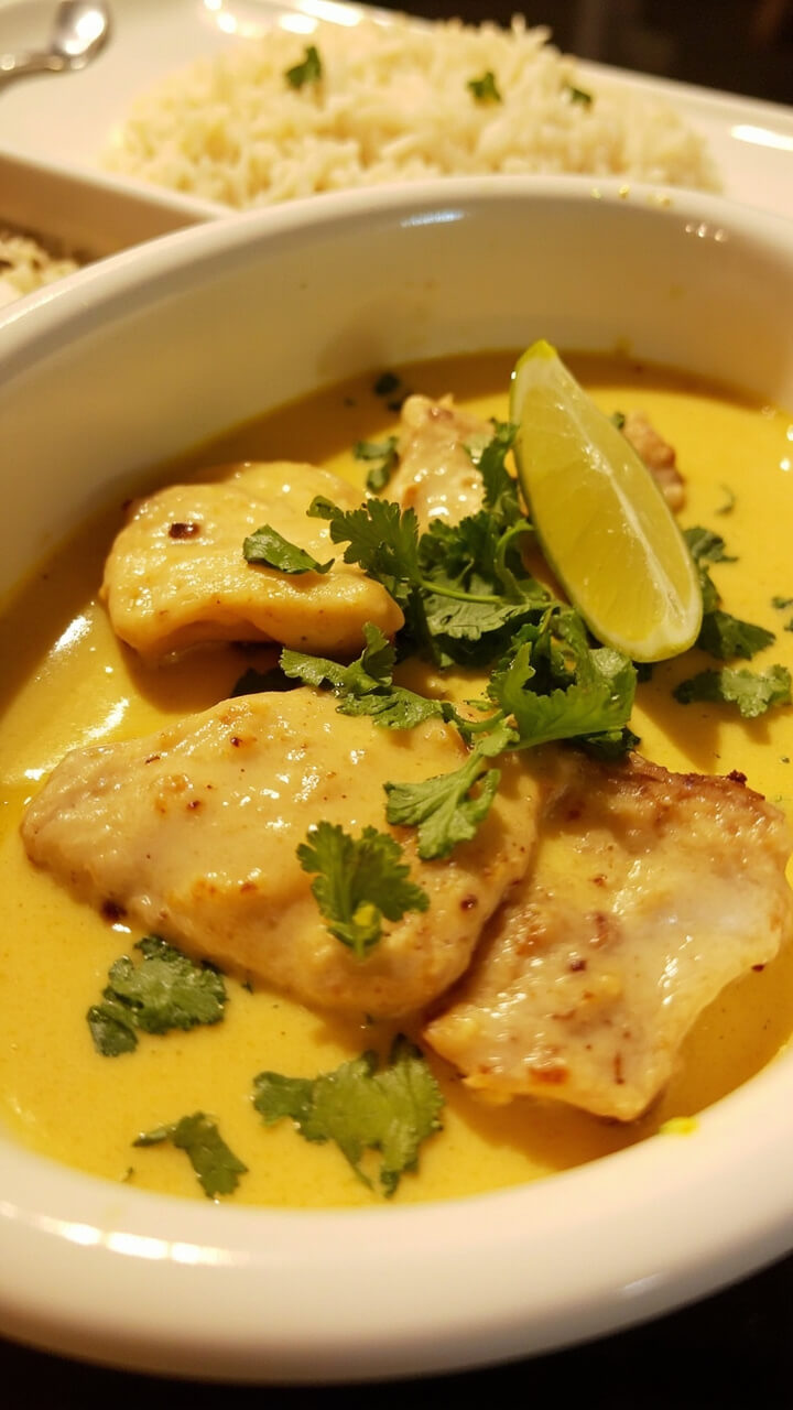 Catfish fillets baked in a creamy, pale yellow coconut-curry sauce, garnished with fresh cilantro and lime wedges in a deep white serving dish, with steamed jasmine rice off to the side. Catfish fillets baked in a creamy, pale yellow coconut-curry sauce, garnished with fresh cilantro and lime wedges in a deep white serving dish, with steamed jasmine rice off to the side.