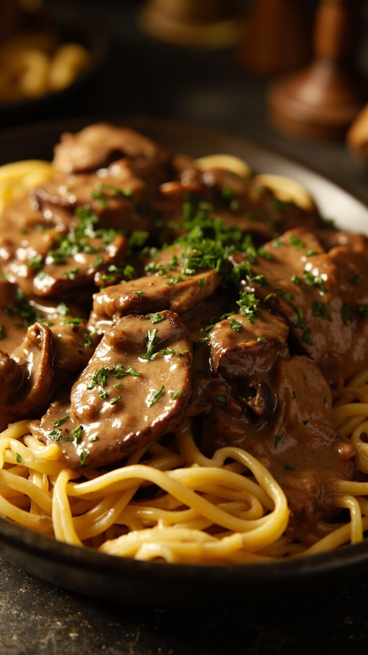 Tender strips of steak and mushrooms in a creamy, light brown sauce, spooned over egg noodles and topped with chopped parsley. Tender strips of steak and mushrooms in a creamy, light brown sauce, spooned over egg noodles and topped with chopped parsley.