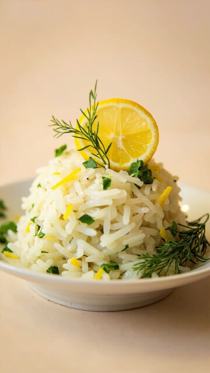 A shallow bowl with fluffy pale rice, tossed with flecks of fresh parsley and tiny bits of lemon zest, garnished with a thin lemon slice and sprigs of dill. A shallow bowl with fluffy pale rice, tossed with flecks of fresh parsley and tiny bits of lemon zest, garnished with a thin lemon slice and sprigs of dill.