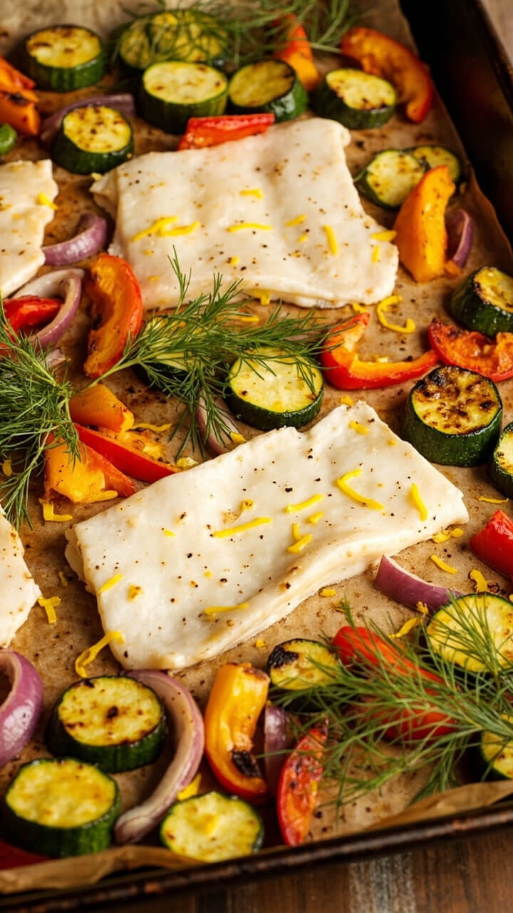 Thin tilapia fillets nestled on a parchment-lined tray, surrounded by golden, roasted zucchini rounds, bell pepper strips, and red onion wedges. Scatter of fresh dill and lemon zest over everything, with a little charring on the veggies.