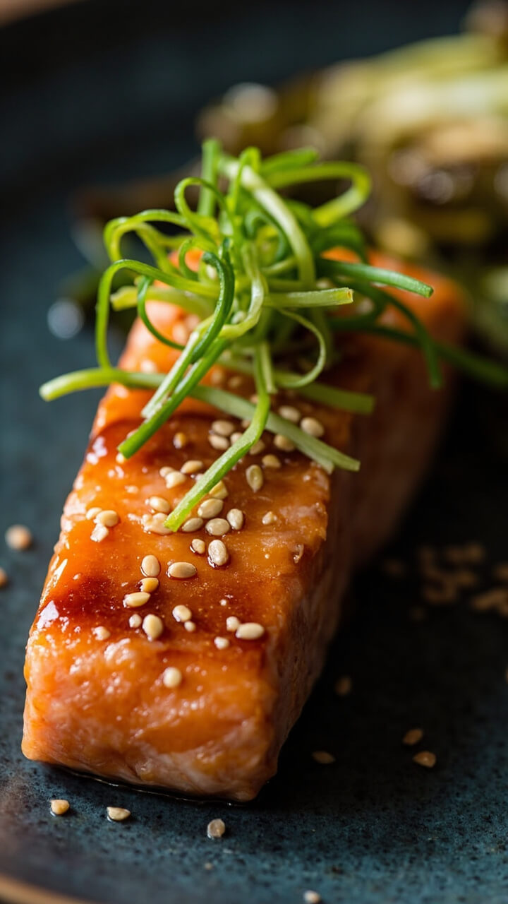 Salmon fillet brushed with a caramel-brown miso glaze, resting on a slate-blue plate. Garnished with shredded scallions, sesame seeds, and a side of wilted baby bok choy.