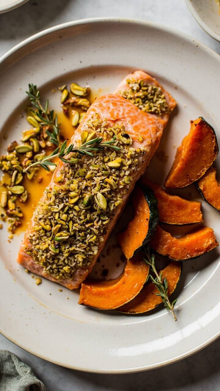 Salmon fillet with a golden pistachio crust, placed next to wedges of roasted orange winter squash, all sprinkled with extra pistachios and fresh thyme on a modern plate. Salmon fillet with a golden pistachio crust, placed next to wedges of roasted orange winter squash, all sprinkled with extra pistachios and fresh thyme on a modern plate.