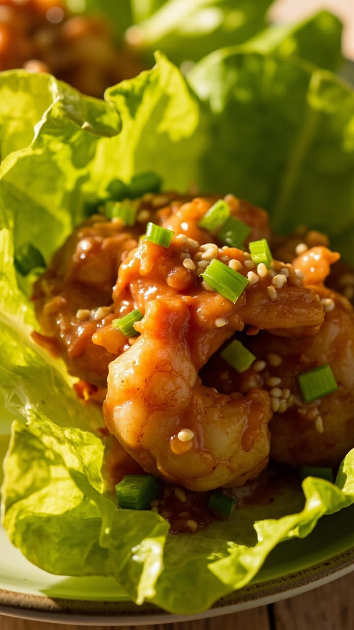 Large butter lettuce leaves filled with crispy shrimp tossed in a creamy chili sauce, topped with scallions and a scattering of sesame seeds. Large butter lettuce leaves filled with crispy shrimp tossed in a creamy chili sauce, topped with scallions and a scattering of sesame seeds.