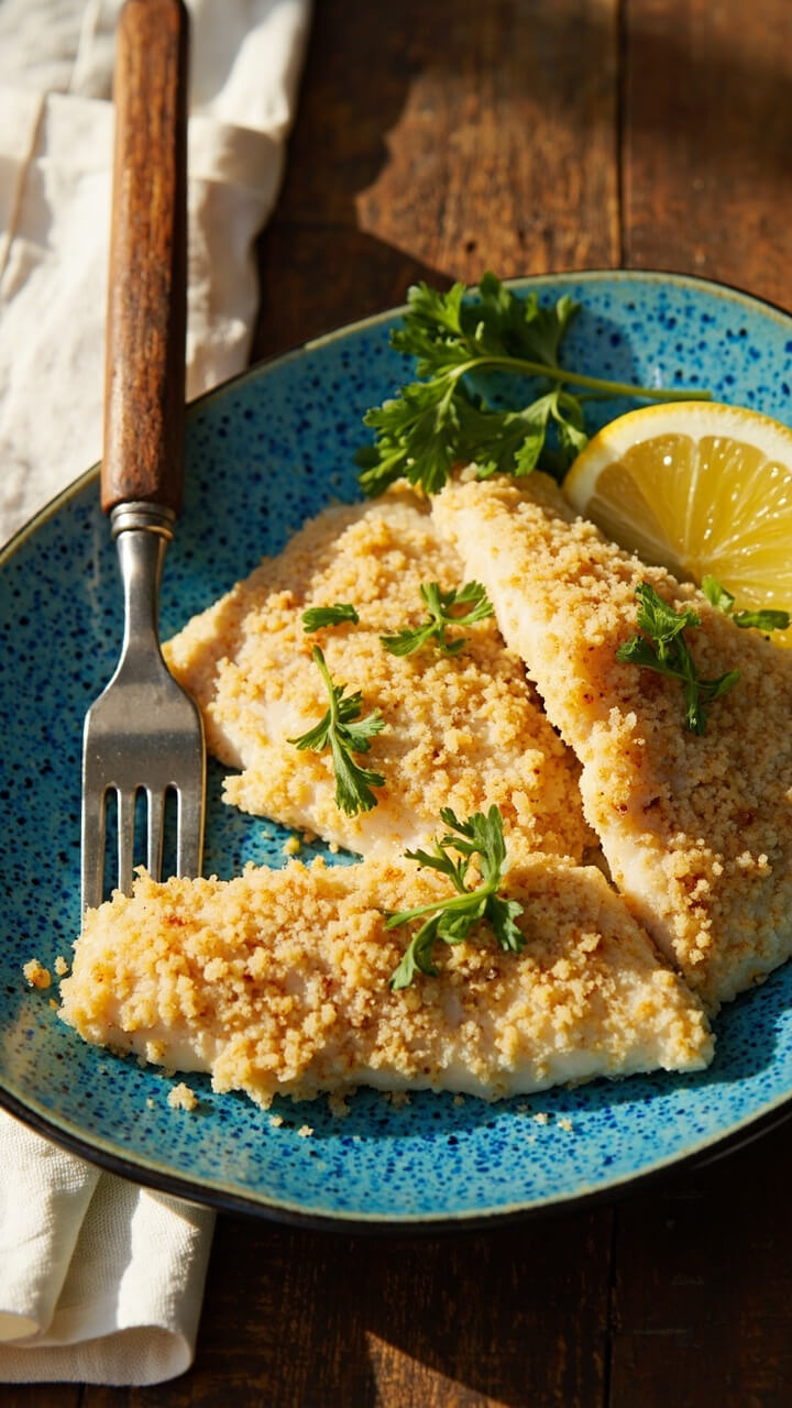 Rectangular tilapia fillets coated in panko, arranged on a blue speckled enamel plate, with a fresh parsley garnish and a squeeze of lemon over the top. A fork and linen napkin rest nearby. Rectangular tilapia fillets coated in panko, arranged on a blue speckled enamel plate, with a fresh parsley garnish and a squeeze of lemon over the top. A fork and linen napkin rest nearby.