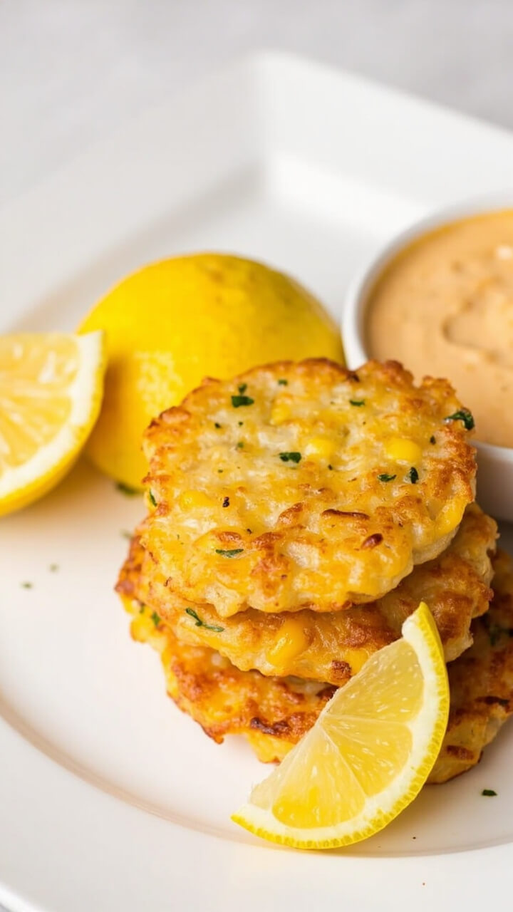 Golden, round fritters speckled with yellow corn and green herbs, stacked on a white plate with a side bowl of creamy dipping sauce and lemon wedges.