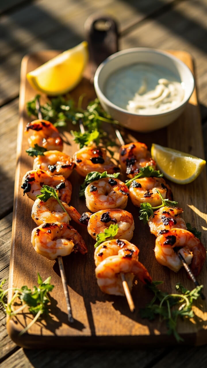 Four skewers threaded with plump shrimp, lightly charred, and garnished with fresh herbs. The skewers are arranged on a rectangular platter with a small bowl of yogurt dipping sauce, lemon wedges, and a scatter of microgreens. The table is set outdoors for a summery vibe.