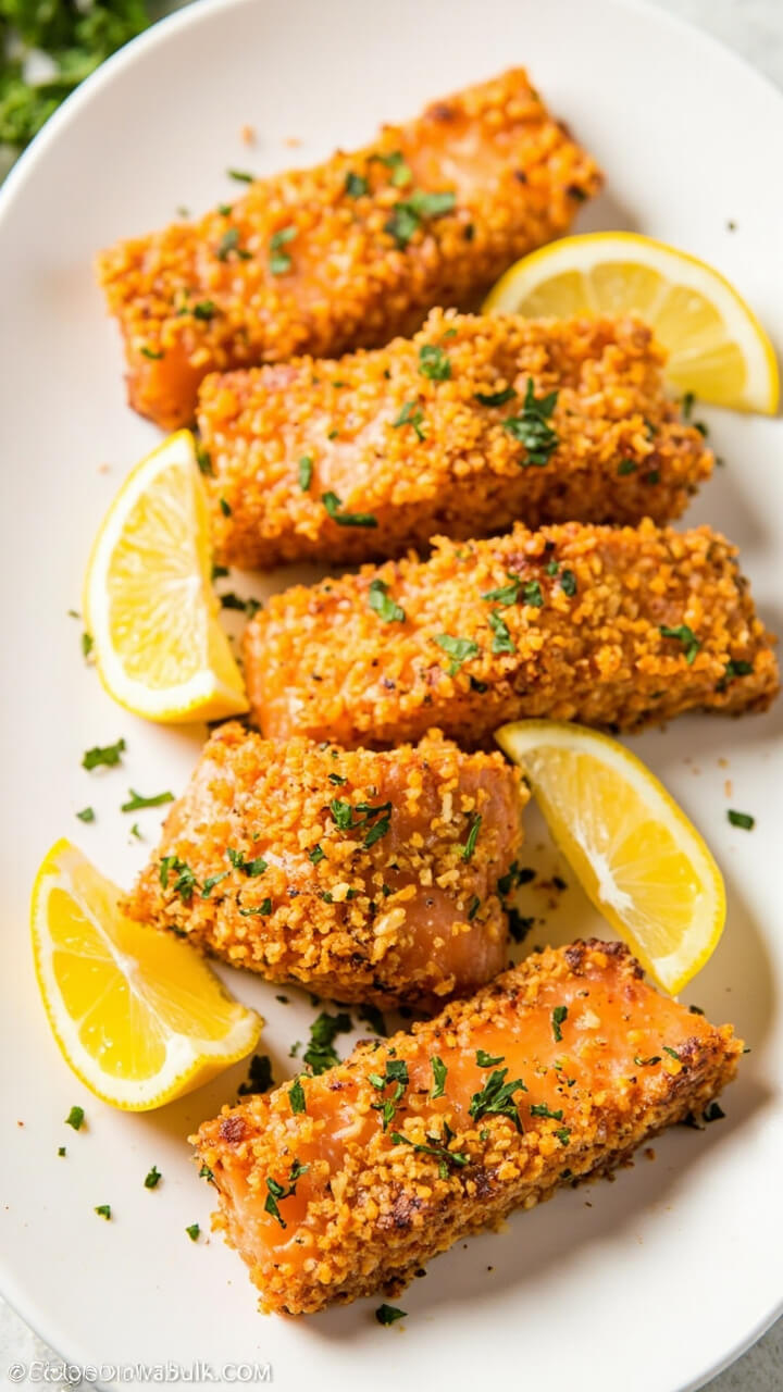 Rectangular salmon pieces with golden, crunchy cheese panko crust, arranged on a white oval platter. Garnished with chopped parsley and lemon wedges. Rectangular salmon pieces with golden, crunchy cheese panko crust, arranged on a white oval platter. Garnished with chopped parsley and lemon wedges.