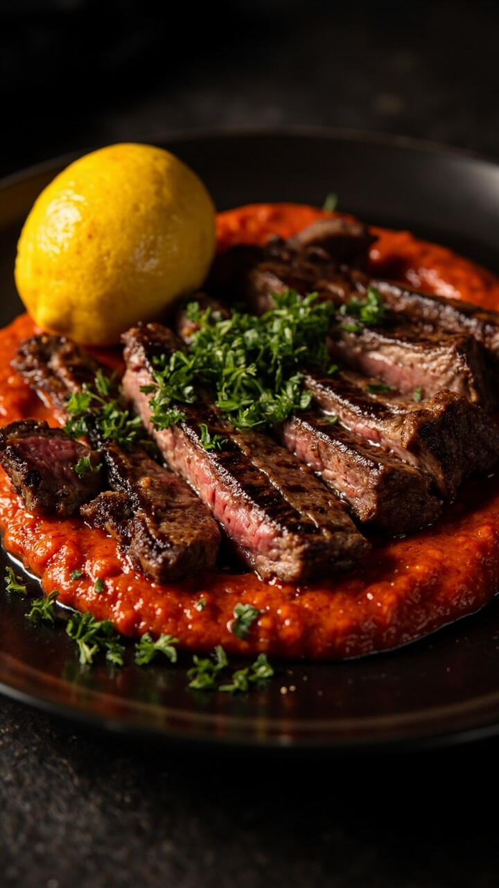 Medium-rare grilled flank steak sliced over a smear of brick-red romesco sauce, garnished with chopped parsley and a lemon wedge, served on a dark ceramic plate. Medium-rare grilled flank steak sliced over a smear of brick-red romesco sauce, garnished with chopped parsley and a lemon wedge, served on a dark ceramic plate.