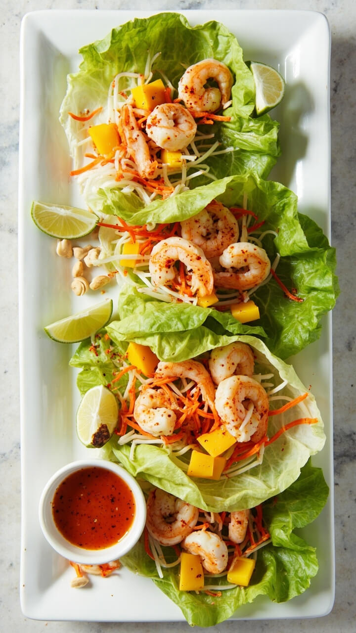Large butter lettuce leaves filled with chili-dusted shrimp, diced mango, shredded carrot, and a sprinkle of chopped peanuts. Each wrap is arranged on a white rectangular platter alongside lime wedges and a tiny dipping bowl with a light chili-lime dressing.