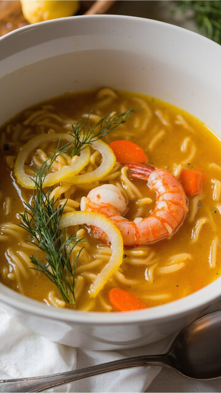 A deep bowl of clear, golden broth with orzo pasta, pieces of shrimp, and sliced carrots. Floating fresh dill and thin lemon wheels on top. A soup spoon rests on a linen napkin.