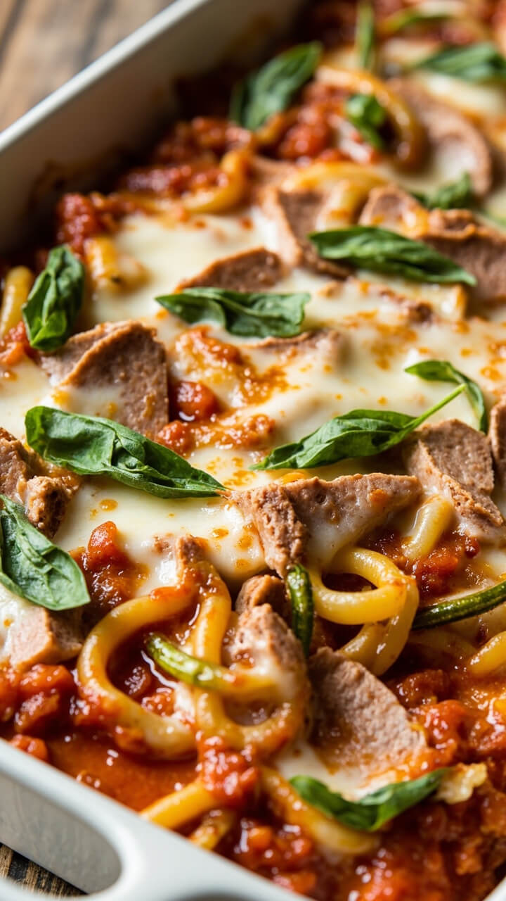 A deep white baking dish filled with chunky red tomato sauce, spiralized zucchini noodles, and pieces of tuna, all topped with melted mozzarella and sprigs of basil. A deep white baking dish filled with chunky red tomato sauce, spiralized zucchini noodles, and pieces of tuna, all topped with melted mozzarella and sprigs of basil.