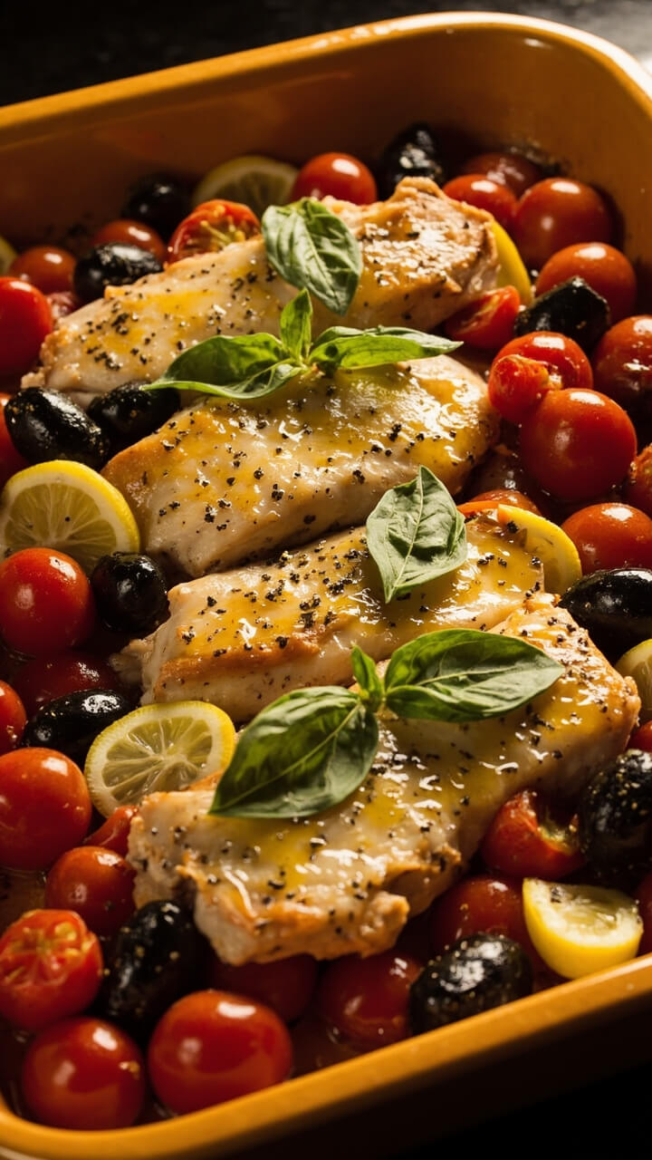 Catfish fillets baked in a dish with vibrant cherry tomatoes, sliced black olives, and lemon slices. It’s garnished with fresh basil, and you can see a drizzle of olive oil glistening over the veggies.